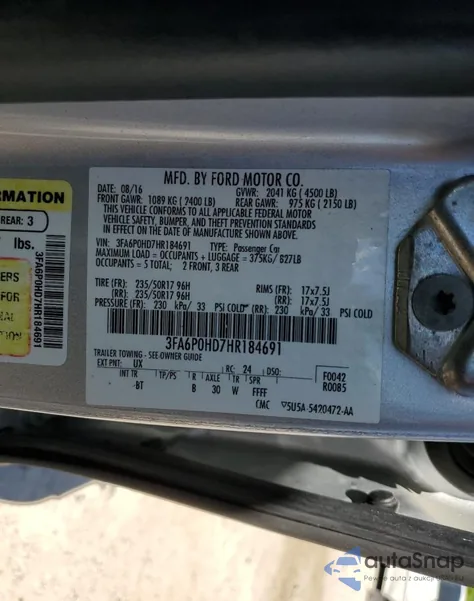 2017 Ford Fusion Se из США, поврежденный, VIN 3FA6P0HD7HR184691